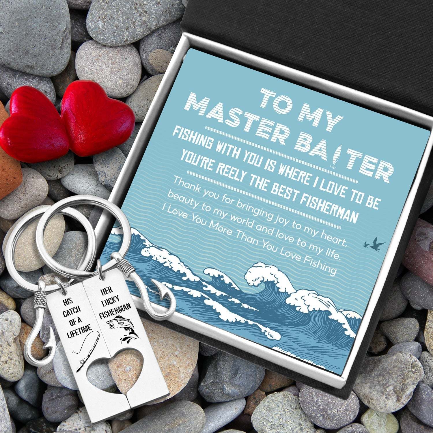 Mother's Day Gift Fishing Heart Couple Keychains - Fishing - To My Master Baiter - Thank You For Bringing Joy To My Heart-Engravingift
