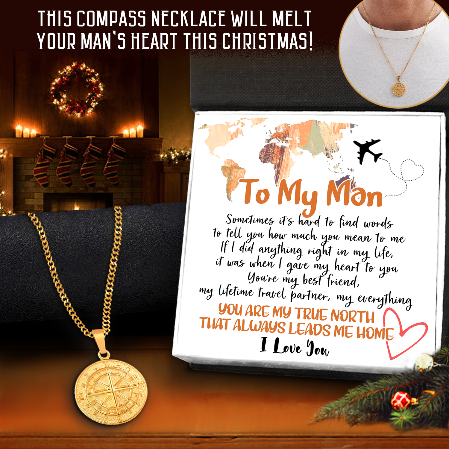 Men Compass Necklace - Travel - To My Man - You're My Best Friend, My Lifetime Travel Partner, My Everything-Engravingift