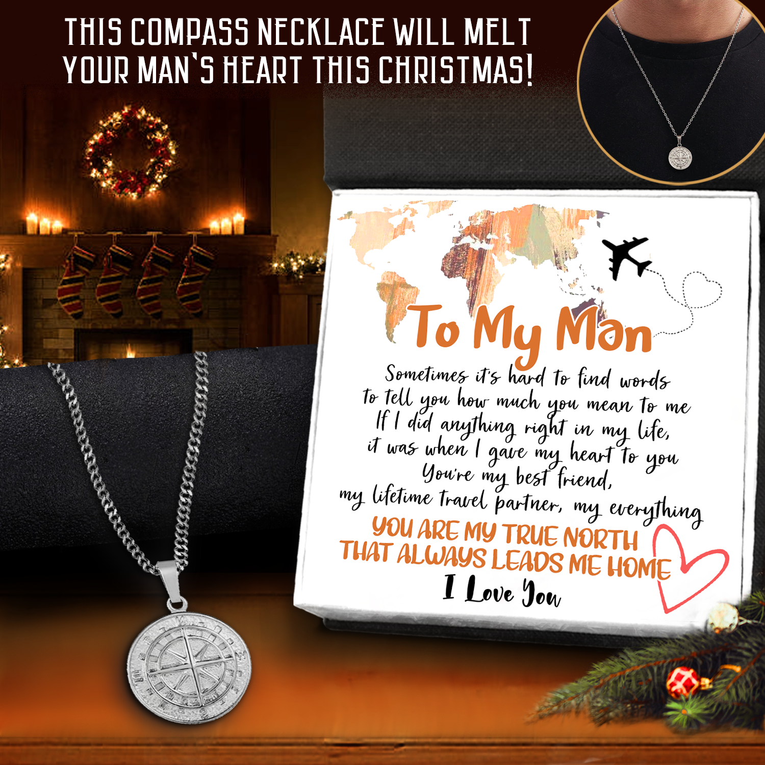 Men Compass Necklace - Travel - To My Man - You're My Best Friend, My Lifetime Travel Partner, My Everything-Engravingift