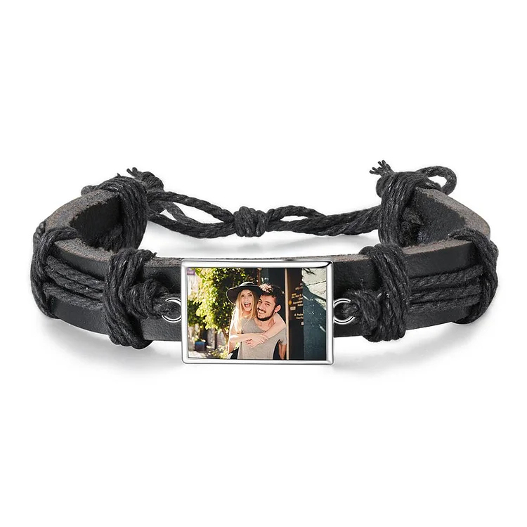 Men Photo Engraved Bracelet Ajustable Leather Strap Photo Tag Bracelets