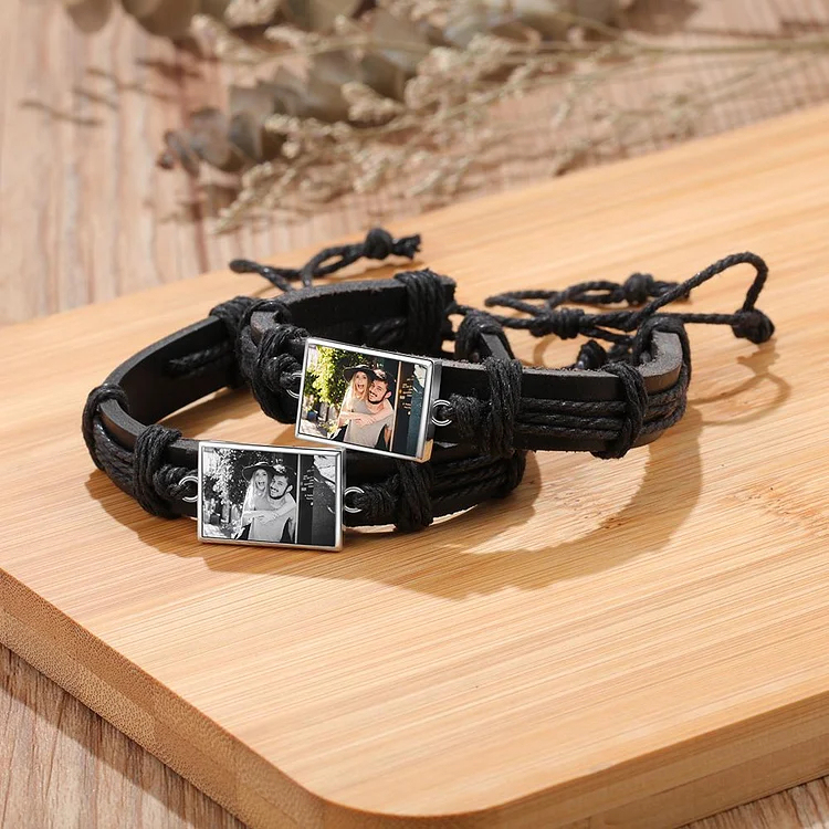 Men Photo Engraved Bracelet Ajustable Leather Strap Photo Tag Bracelets