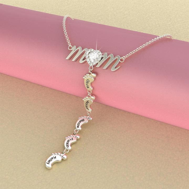 Christmas Gift Personalised Heart Crystal Mom Necklace With Baby Feet