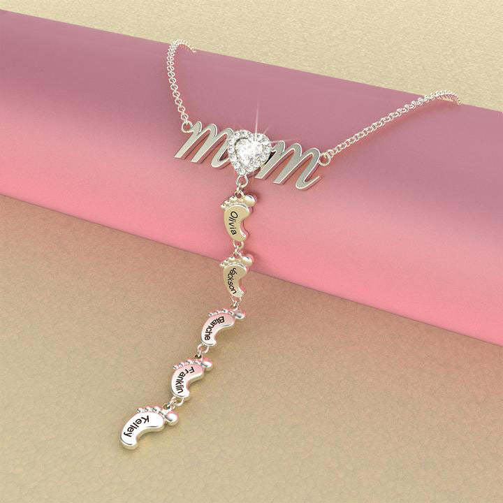 Christmas Gift Personalised Heart Crystal Mom Necklace With Baby Feet