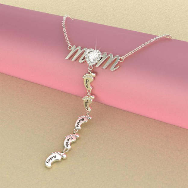Christmas Gift Personalised Heart Crystal Mom Necklace With Baby Feet