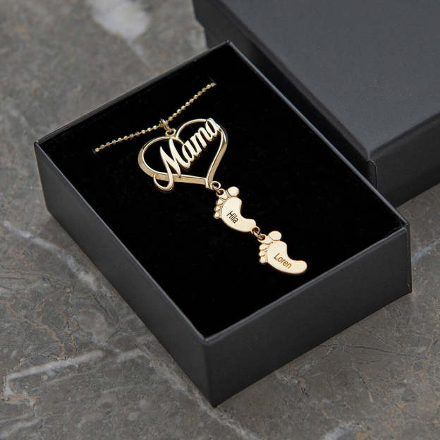 Mother's Day Gift Mama Heart Pendant With Birthstone Baby Feet Necklace-Engravingift
