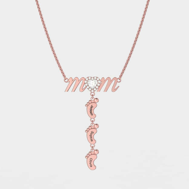 Christmas Gift Personalised Heart Crystal Mom Necklace With Baby Feet