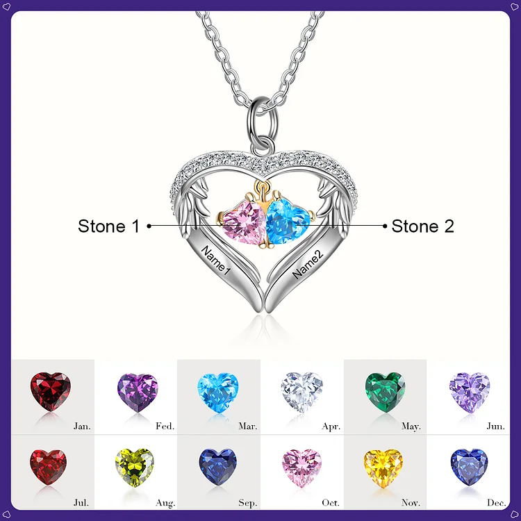 Personalized Diamond Heart Necklace with 2 Birthstones Wings Necklace
