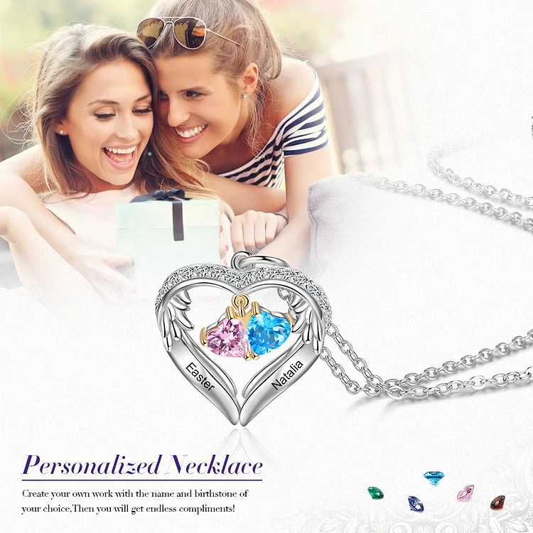 Personalized Diamond Heart Necklace with 2 Birthstones Wings Necklace