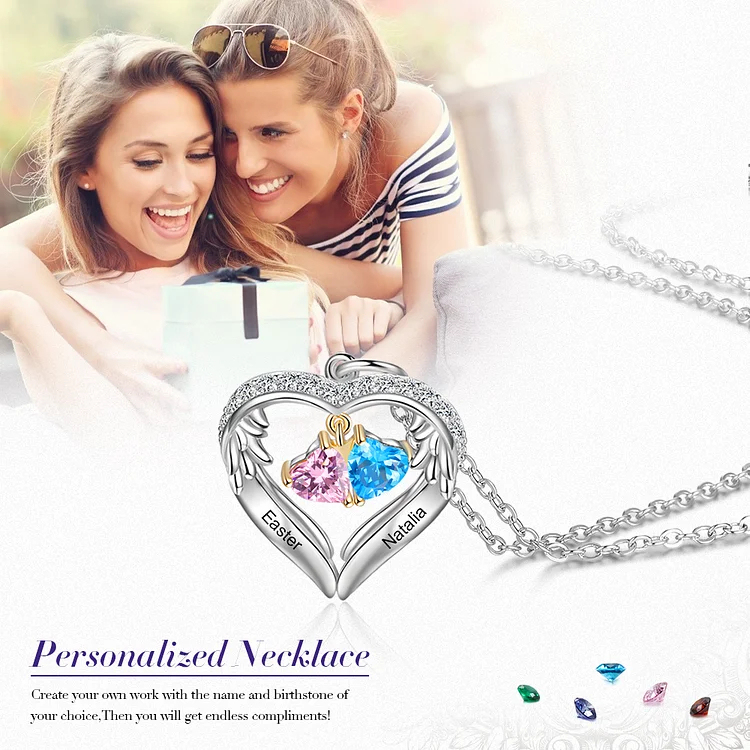 Personalized Diamond Heart Necklace with 2 Birthstones Wings Necklace
