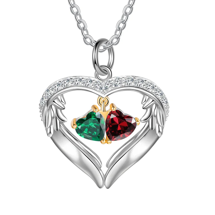 Personalized Diamond Heart Necklace with 2 Birthstones Wings Necklace