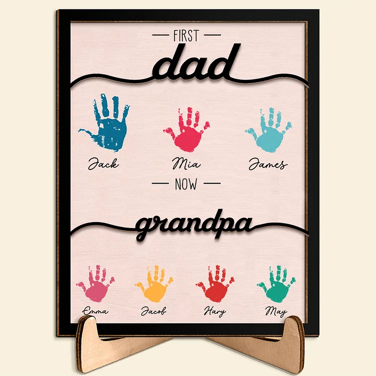Personalized Handprints Wooden Plaque Custom 2–12 Names Desktop Decor With Stand Gifts for Grandpa/Father-Engravingift