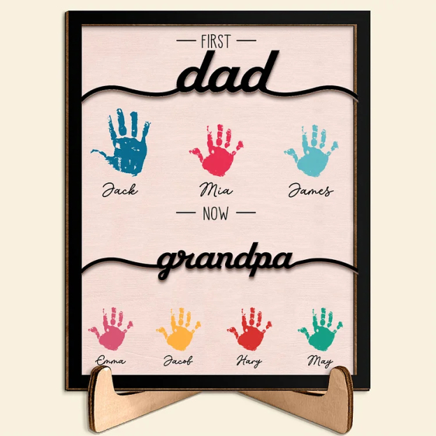 Personalized Handprints Wooden Plaque Custom 2–12 Names Desktop Decor With Stand Gifts for Grandpa/Father-Engravingift