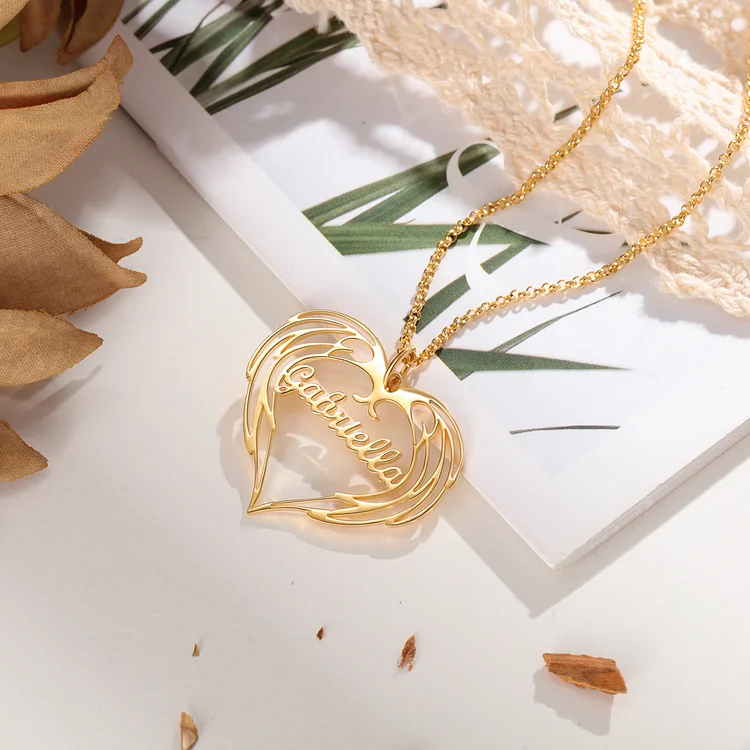 Personalized Heart Name Necklace with Angel Wings