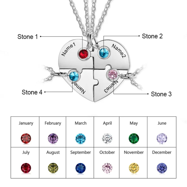 Personalized Heart Puzzle Necklace Custom Birthstones Family Necklace