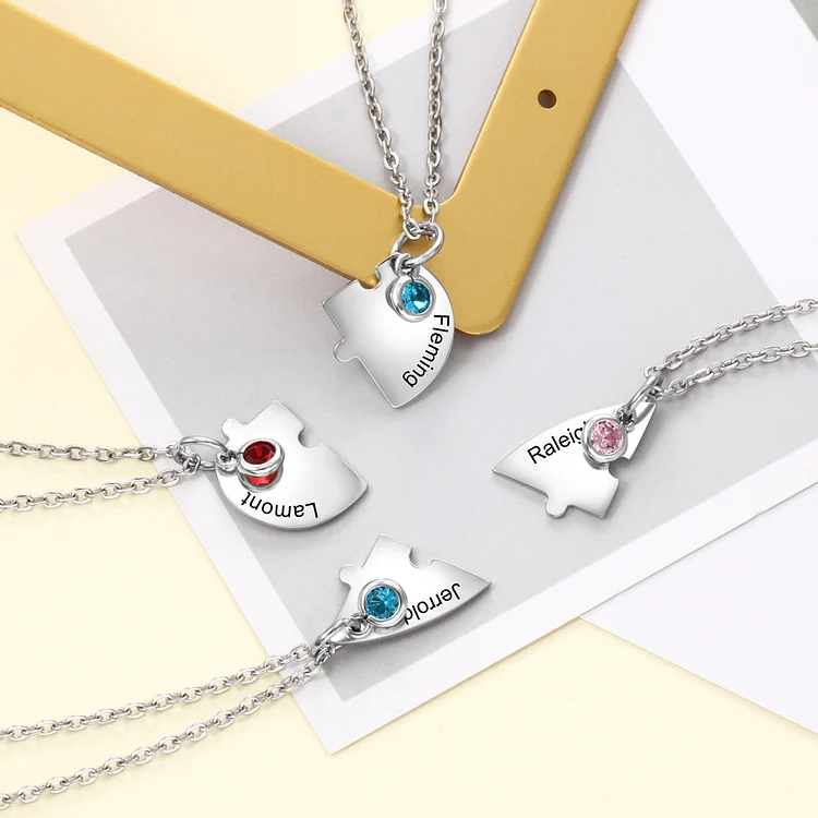 Personalized Heart Puzzle Necklace Custom Birthstones Family Necklace