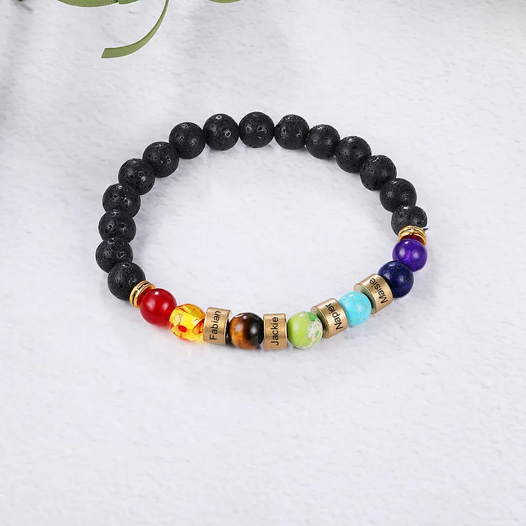 Personalized Men 7 Chakra Bracelet Engraved 4 Names Natural Volcanic Stone