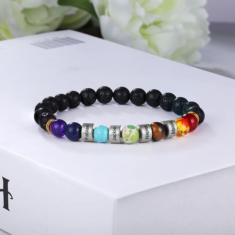 Personalized Men 7 Chakra Bracelet Engraved 4 Names Natural Volcanic Stone
