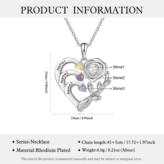 Personalized Mother Rose Intertwined Heart Pendant Necklace