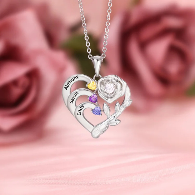 Personalized Mother Rose Intertwined Heart Pendant Necklace