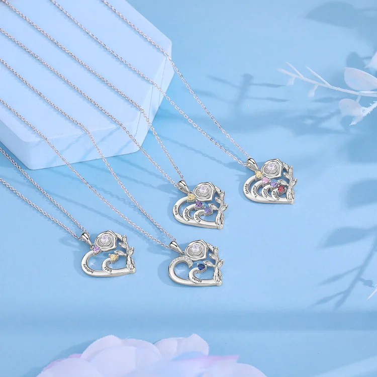 Personalized Mother Rose Intertwined Heart Pendant Necklace