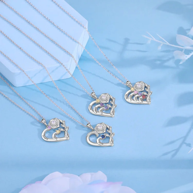 Personalized Mother Rose Intertwined Heart Pendant Necklace