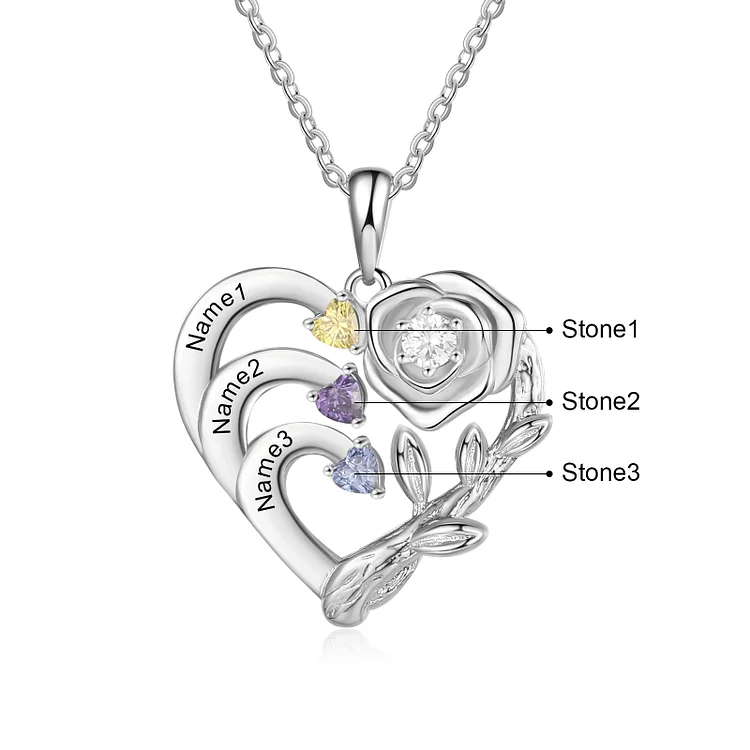 Personalized Mother Rose Intertwined Heart Pendant Necklace
