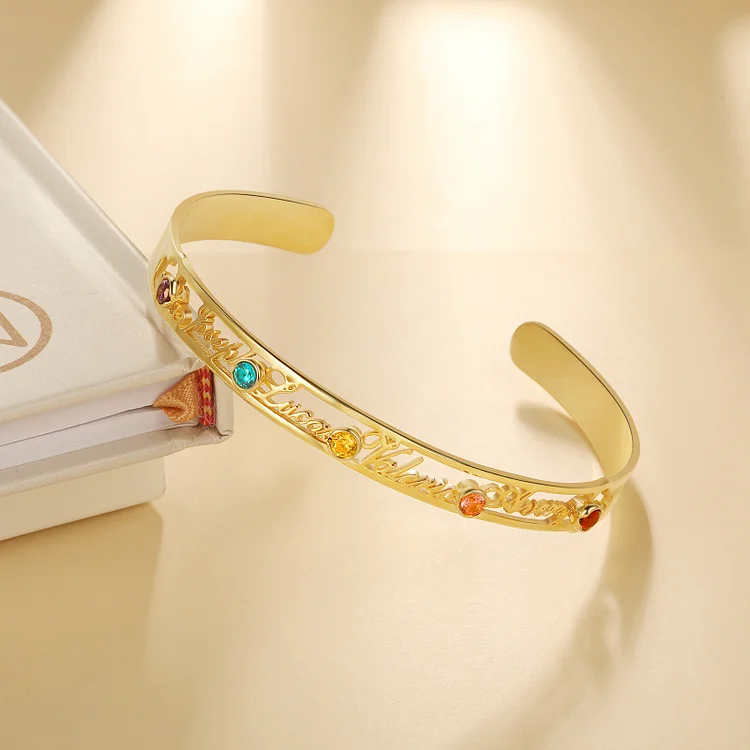 Personalized Name Bangle Bracelet Custom 4 Names and 5 Birthstones Bracelet