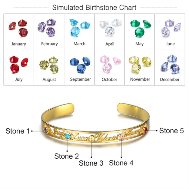 Personalized Name Bangle Bracelet Custom 4 Names and 5 Birthstones Bracelet