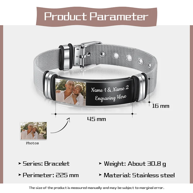 Personalized Photo Bracelet Engraved Text Stainless Steel Wristband Bracelet for Men Women