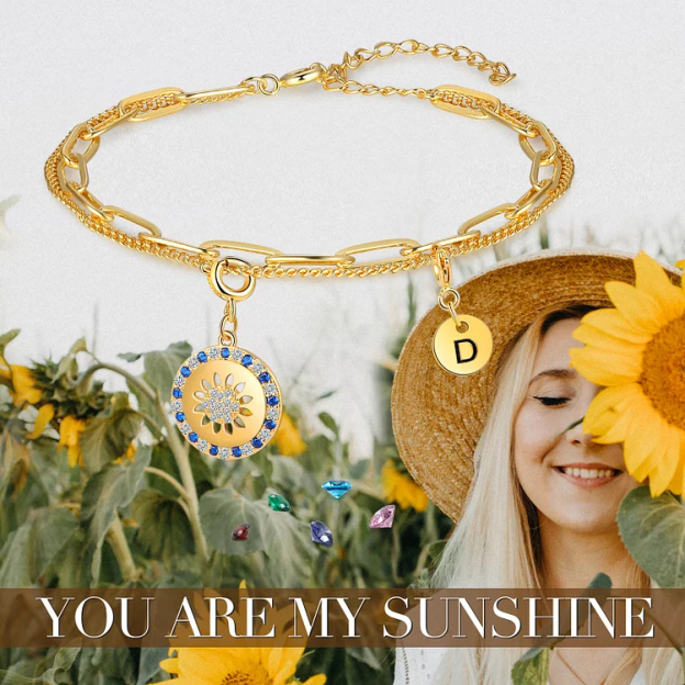 Personalized Sunflower Bracelet with Birthstone Double Layer Initial Bracelet