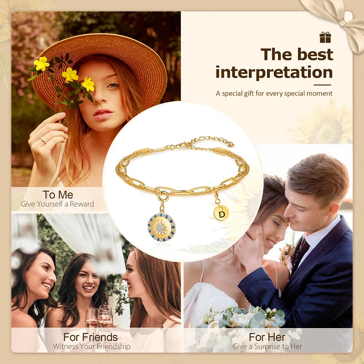 Personalized Sunflower Bracelet with Birthstone Double Layer Initial Bracelet