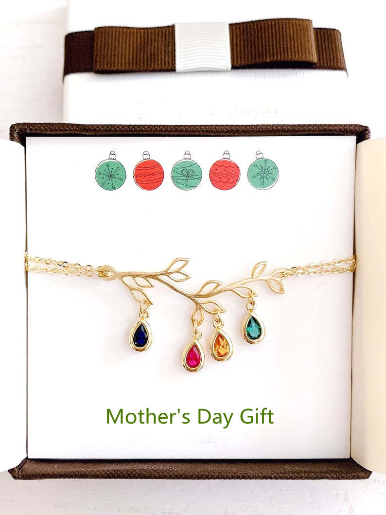 Mother's Day Gift Boho Leaf Birthstone Charm Bracelet-Engravingift