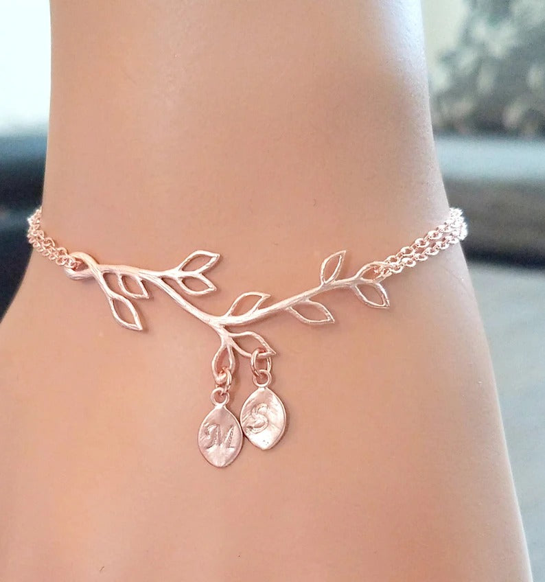 Mother's Day Gift Boho Leaf Birthstone Charm Bracelet-Engravingift