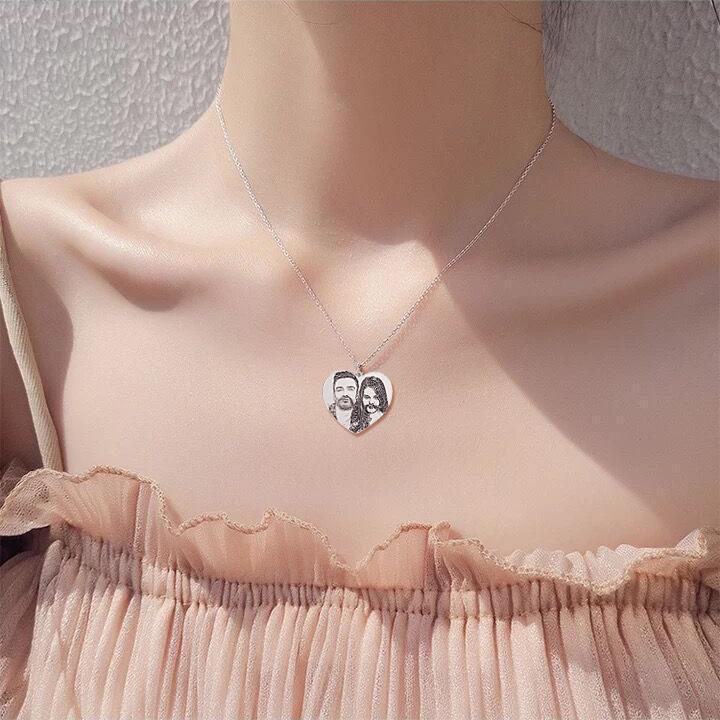 Christmas Gift Heart Shaped Engraved Photo Necklace