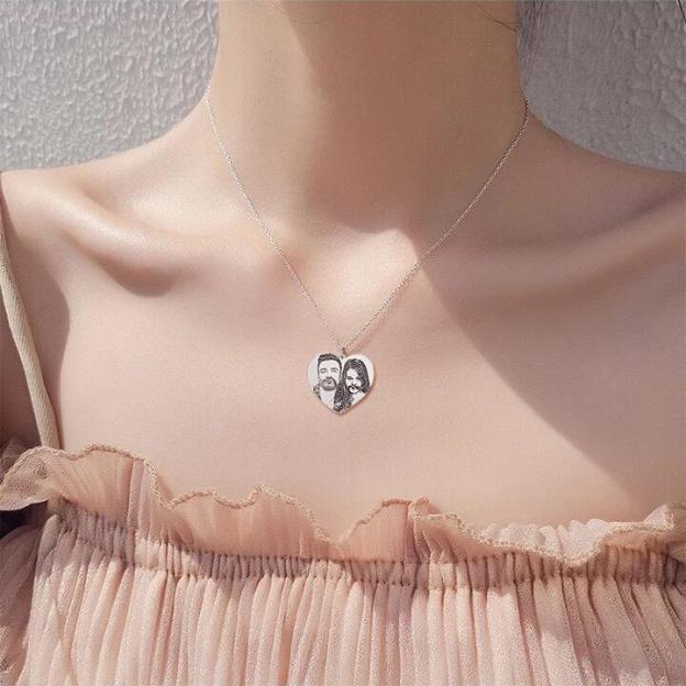 Christmas Gift Heart Shaped Engraved Photo Necklace