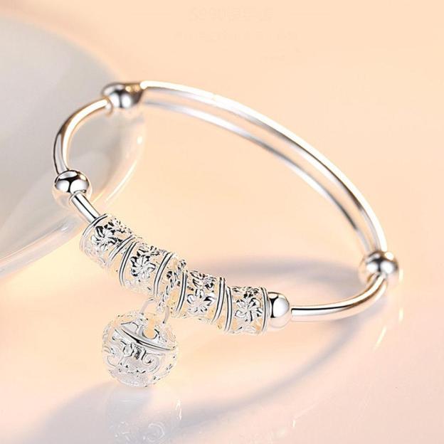 Mother's Day Gift Gifting ideas for women-Precious Sterling Silver Floral Ball Charm Bangle Bracelet Jewelry-Engravingift