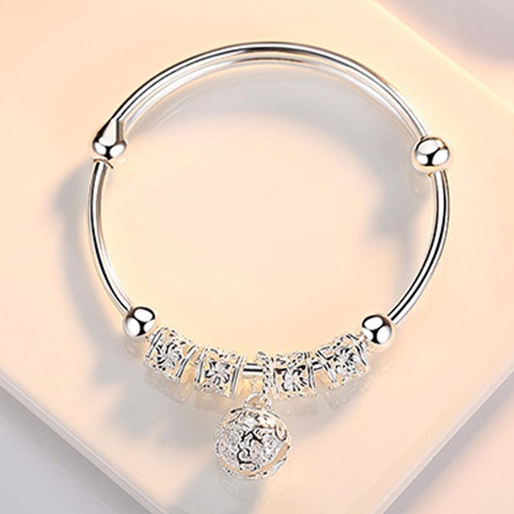 Mother's Day Gift Gifting ideas for women-Precious Sterling Silver Floral Ball Charm Bangle Bracelet Jewelry-Engravingift