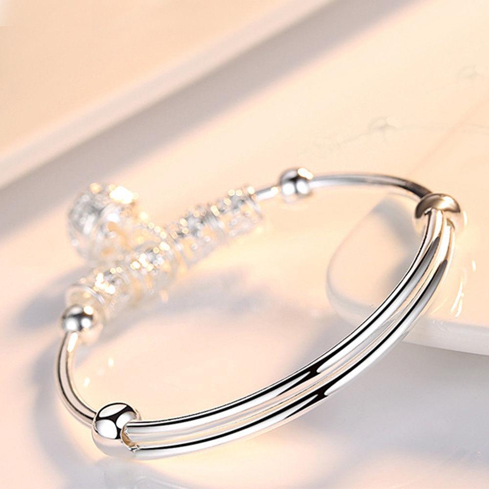 Mother's Day Gift Gifting ideas for women-Precious Sterling Silver Floral Ball Charm Bangle Bracelet Jewelry-Engravingift