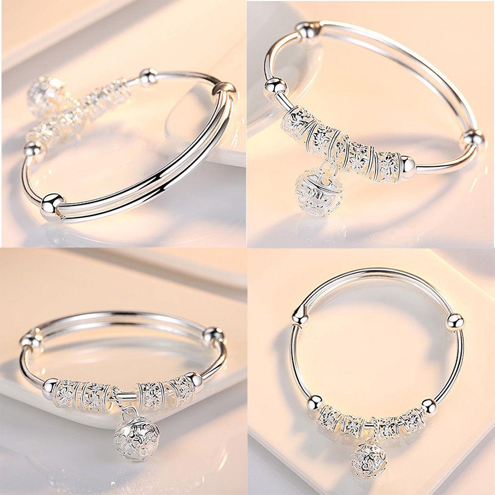 Mother's Day Gift Gifting ideas for women-Precious Sterling Silver Floral Ball Charm Bangle Bracelet Jewelry-Engravingift