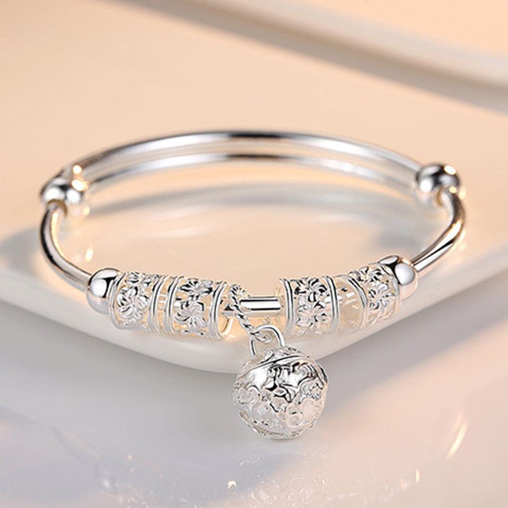 Mother's Day Gift Gifting ideas for women-Precious Sterling Silver Floral Ball Charm Bangle Bracelet Jewelry-Engravingift