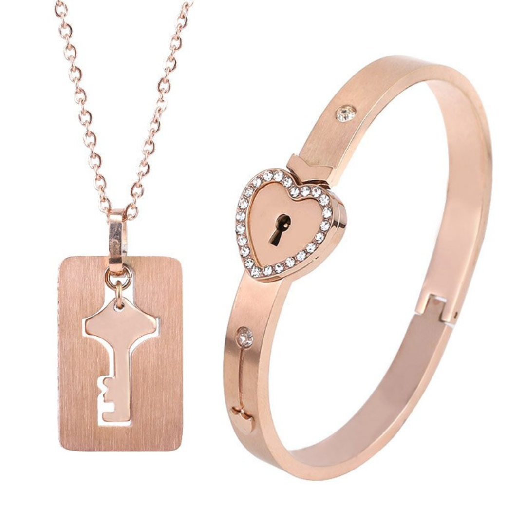Valentine's Day Gift The Key To The Heart-Heart Love Lock Bracelet & Key Necklace Set