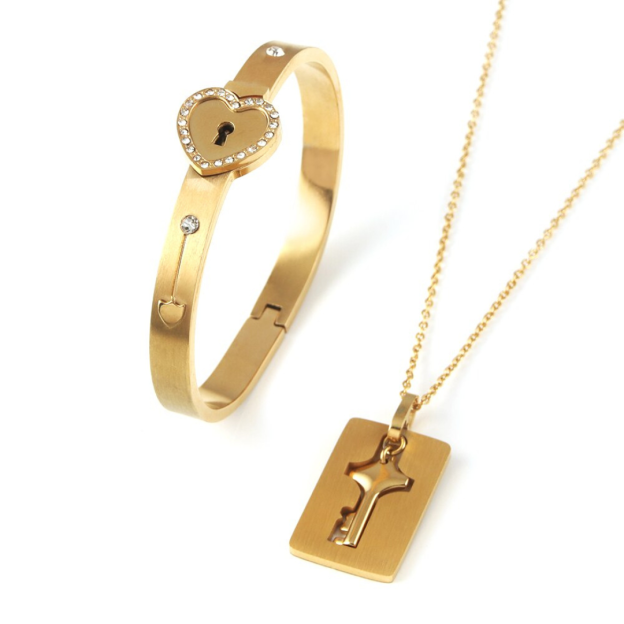 Valentine's Day Gift The Key To The Heart-Heart Love Lock Bracelet & Key Necklace Set