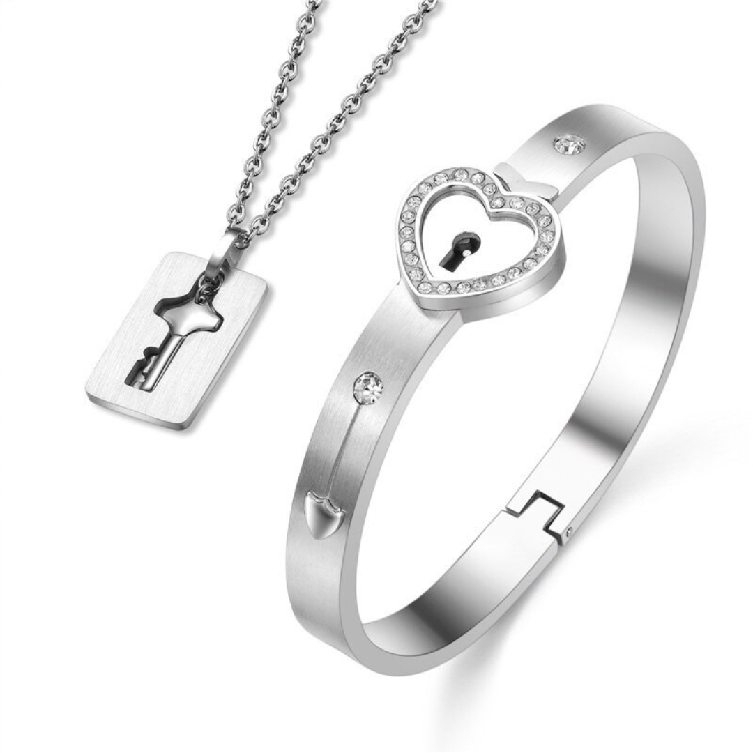 Valentine's Day Gift The Key To The Heart-Heart Love Lock Bracelet & Key Necklace Set