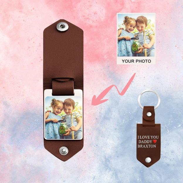 Father's Day Gift Custom Photo cowhide Leather Keychain-Engravingift