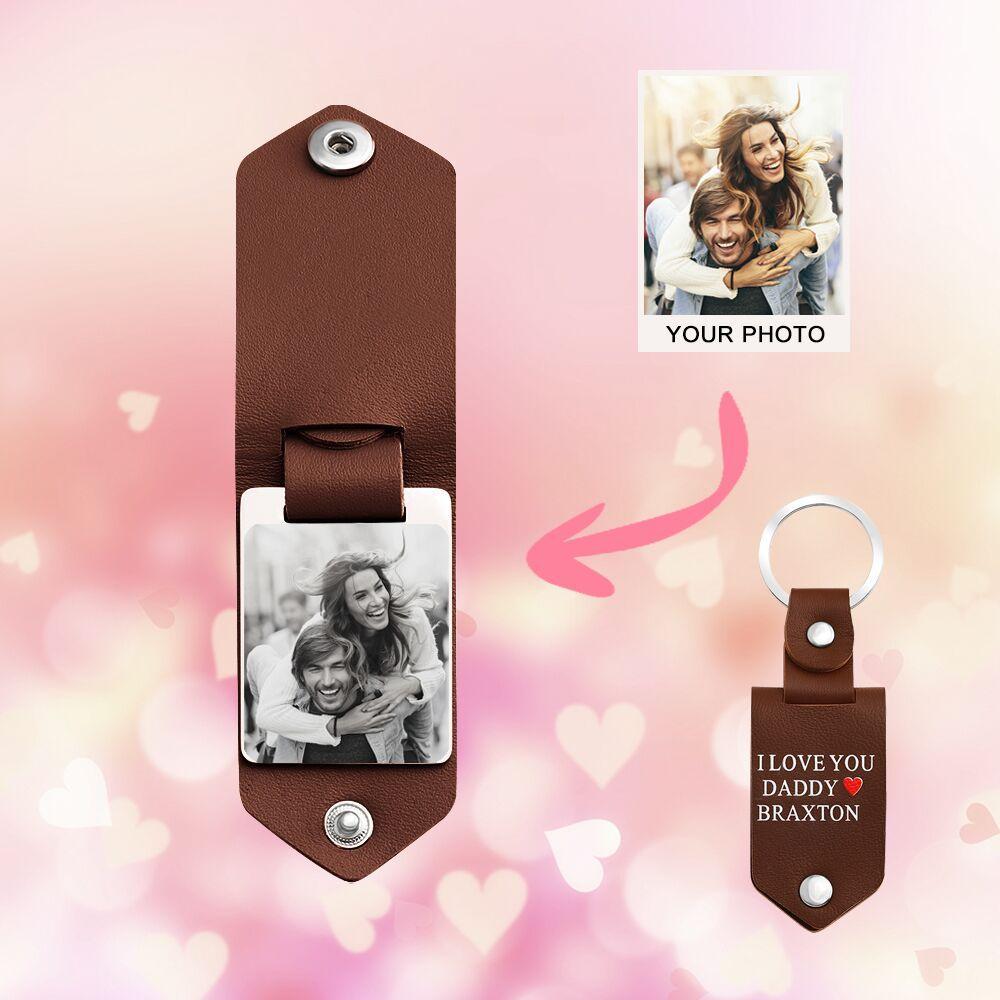 Father's Day Gift Custom Photo cowhide Leather Keychain-Engravingift
