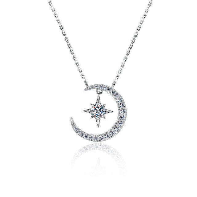 Moissanite Silver Moon Star Necklace - 1013Bazaar