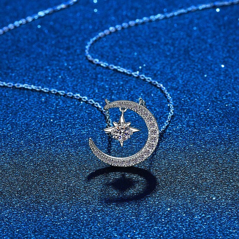 Moissanite Silver Moon Star Necklace - 1013Bazaar
