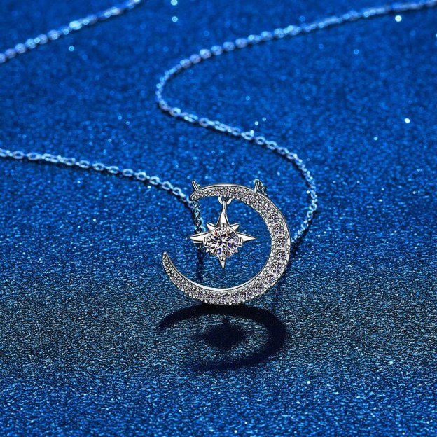 Moissanite Silver Moon Star Necklace - 1013Bazaar
