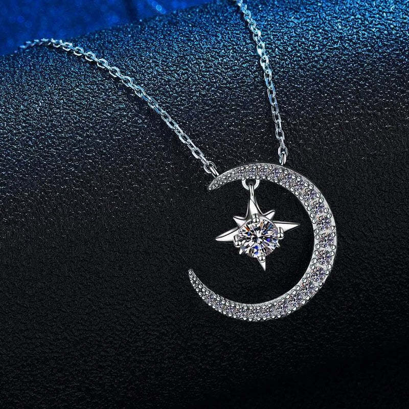 Moissanite Silver Moon Star Necklace - 1013Bazaar