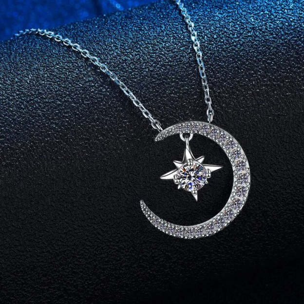 Moissanite Silver Moon Star Necklace - 1013Bazaar